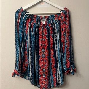 Vibrant Blue and Red 3/4 Sleeve Smocked Tunic off shoulder